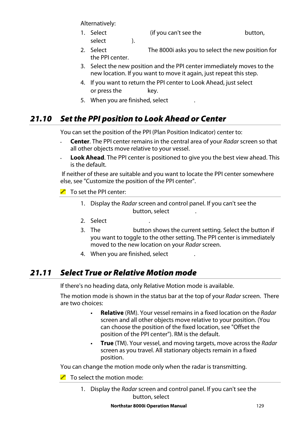 10 set the ppi position to look ahead or center, 11 select true or relative motion mode | NorthStar Navigation NorthStar 8000i User Manual | Page 129 / 220