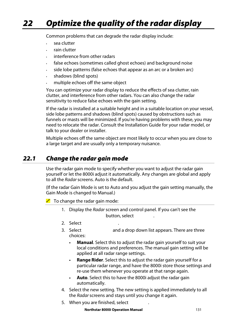 22 optimize the quality of the radar display, 1 change the radar gain mode | NorthStar Navigation NorthStar 8000i User Manual | Page 131 / 220