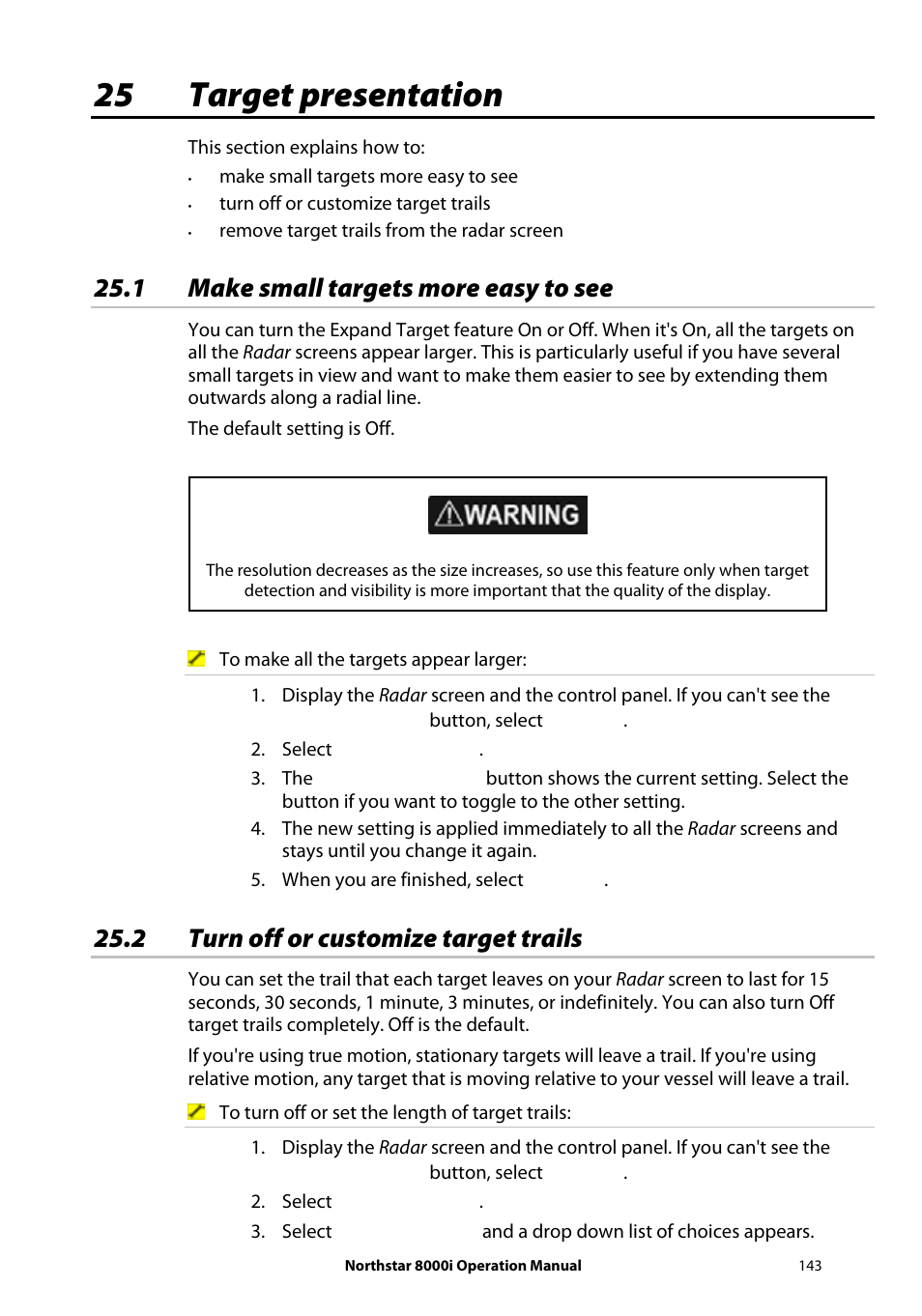 25 target presentation, 1 make small targets more easy to see, 2 turn off or customize target trails | NorthStar Navigation NorthStar 8000i User Manual | Page 143 / 220