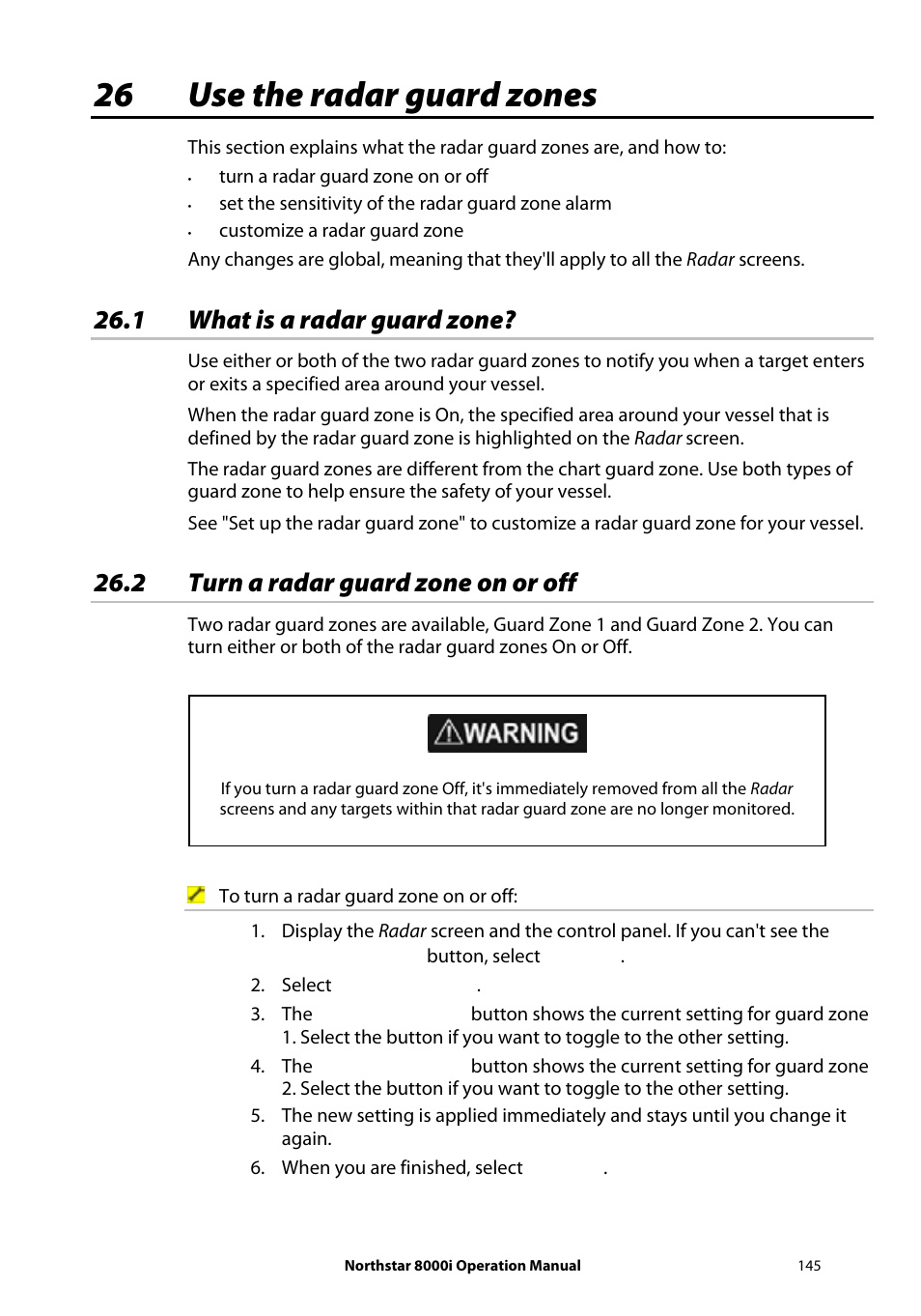 26 use the radar guard zones, 1 what is a radar guard zone, 2 turn a radar guard zone on or off | NorthStar Navigation NorthStar 8000i User Manual | Page 145 / 220