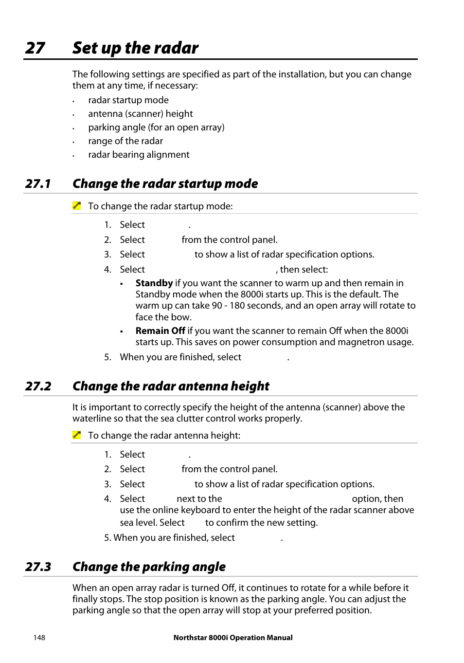 27 set up the radar, 1 change the radar startup mode, 2 change the radar antenna height | 3 change the parking angle | NorthStar Navigation NorthStar 8000i User Manual | Page 148 / 220