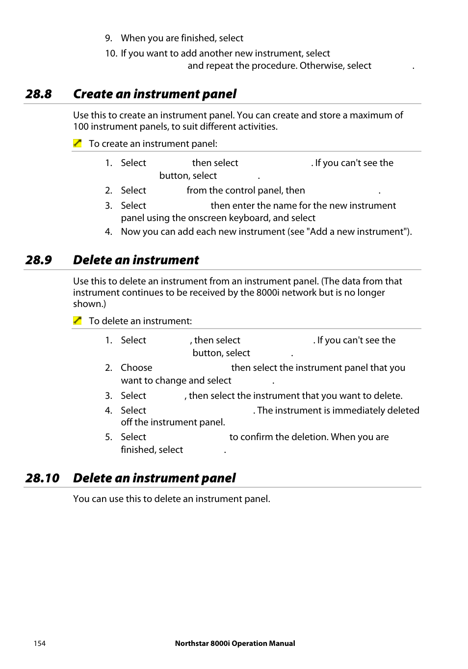 8 create an instrument panel, 9 delete an instrument, 10 delete an instrument panel | NorthStar Navigation NorthStar 8000i User Manual | Page 154 / 220