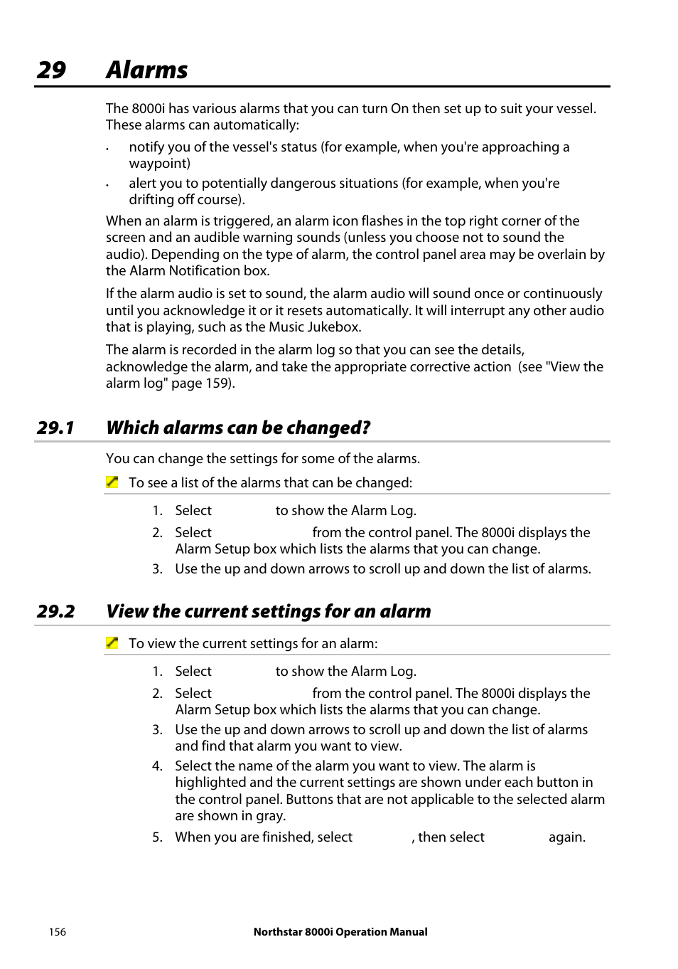 29 alarms, 1 which alarms can be changed, 2 view the current settings for an alarm | NorthStar Navigation NorthStar 8000i User Manual | Page 156 / 220