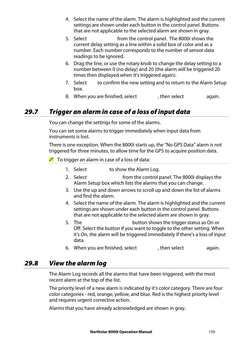 7 trigger an alarm in case of a loss of input data, 8 view the alarm log | NorthStar Navigation NorthStar 8000i User Manual | Page 159 / 220