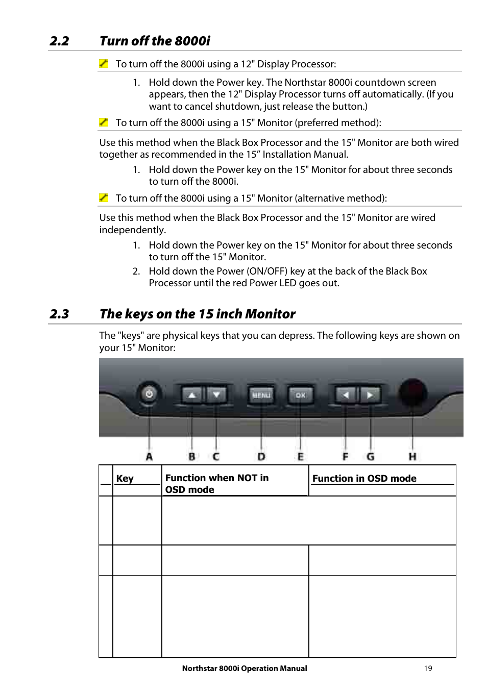 2 turn off the 8000i, 3 the keys on the 15 inch monitor | NorthStar Navigation NorthStar 8000i User Manual | Page 19 / 220