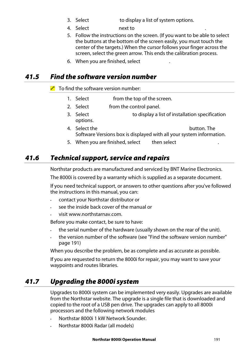 5 find the software version number, 6 technical support, service and repairs, 7 upgrading the 8000i system | NorthStar Navigation NorthStar 8000i User Manual | Page 191 / 220