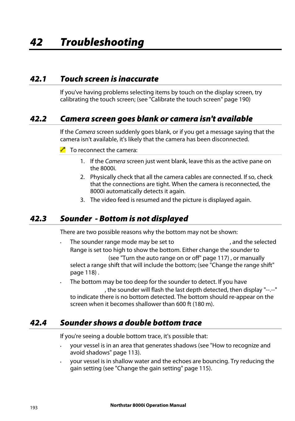 42 troubleshooting, 1 touch screen is inaccurate, 3 sounder - bottom is not displayed | 4 sounder shows a double bottom trace | NorthStar Navigation NorthStar 8000i User Manual | Page 193 / 220