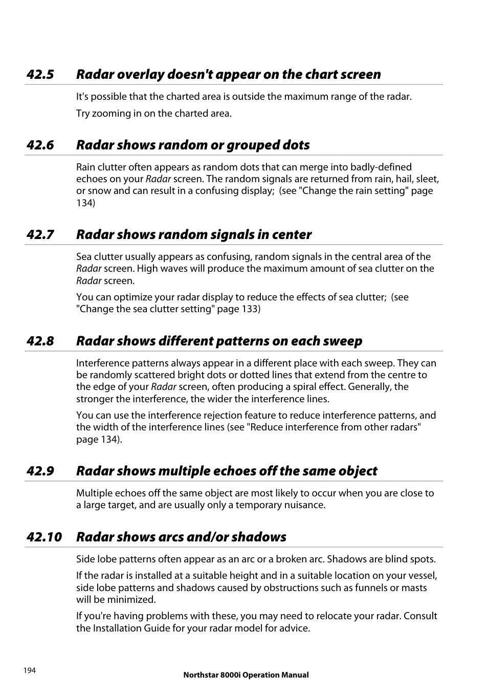 5 radar overlay doesn't appear on the chart screen, 6 radar shows random or grouped dots, 7 radar shows random signals in center | 8 radar shows different patterns on each sweep, 9 radar shows multiple echoes off the same object, 10 radar shows arcs and/or shadows | NorthStar Navigation NorthStar 8000i User Manual | Page 194 / 220