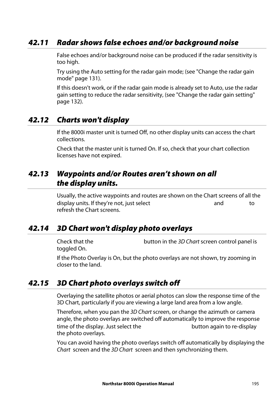 12 charts won't display, 14 3d chart won't display photo overlays, 15 3d chart photo overlays switch off | NorthStar Navigation NorthStar 8000i User Manual | Page 195 / 220