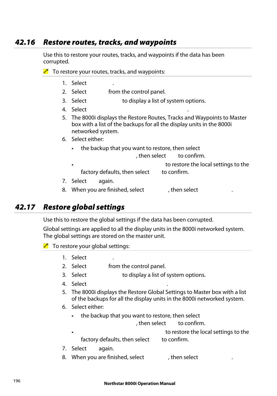 16 restore routes, tracks, and waypoints, 17 restore global settings | NorthStar Navigation NorthStar 8000i User Manual | Page 196 / 220