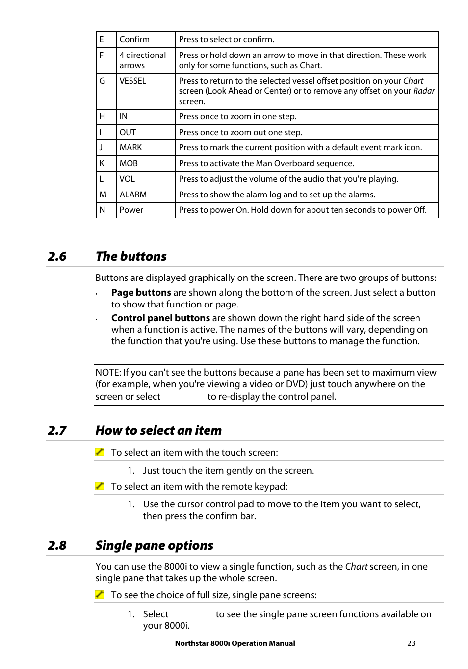 6 the buttons, 7 how to select an item, 8 single pane options | NorthStar Navigation NorthStar 8000i User Manual | Page 23 / 220