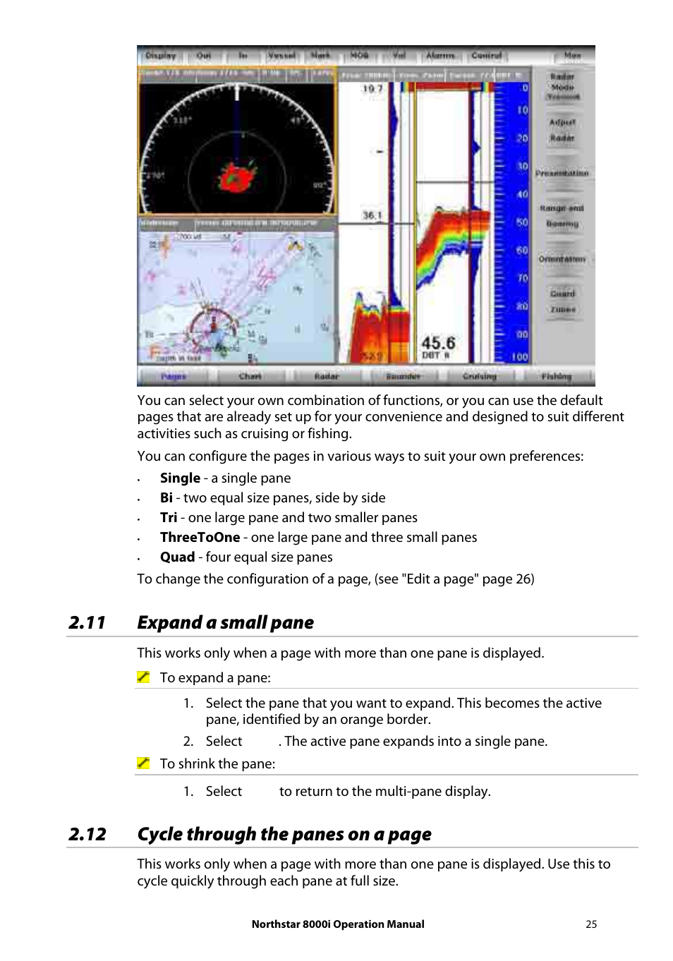 11 expand a small pane, 12 cycle through the panes on a page | NorthStar Navigation NorthStar 8000i User Manual | Page 25 / 220