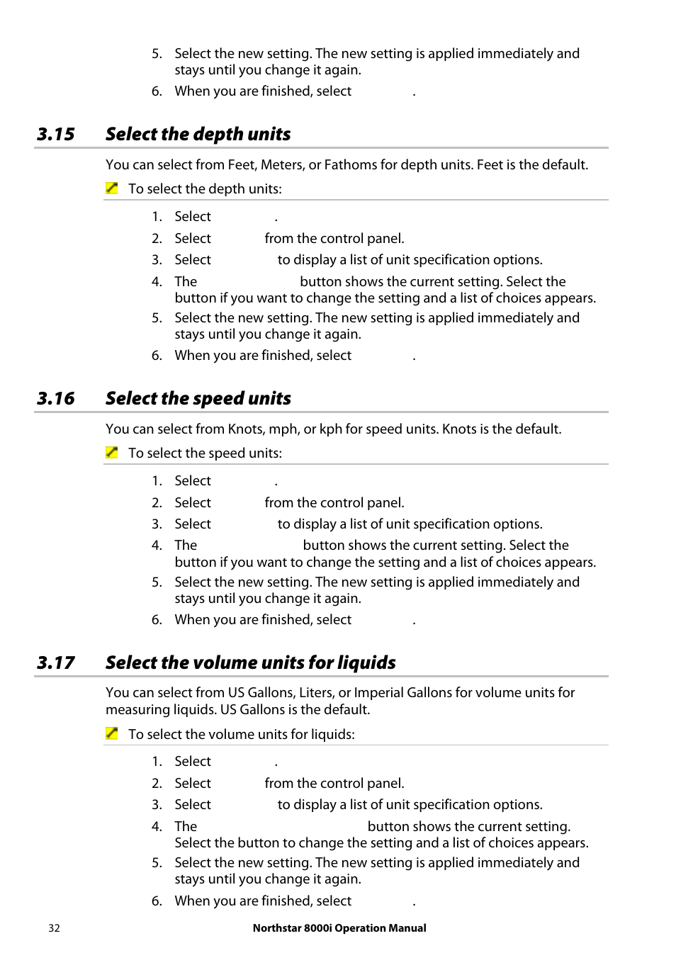 15 select the depth units, 16 select the speed units, 17 select the volume units for liquids | NorthStar Navigation NorthStar 8000i User Manual | Page 32 / 220