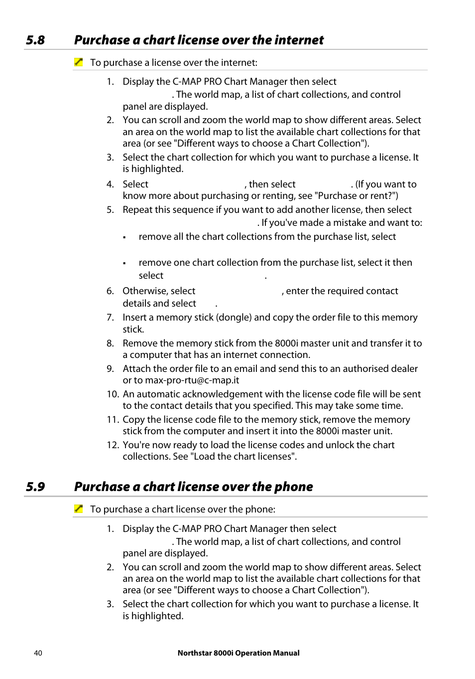 8 purchase a chart license over the internet, 9 purchase a chart license over the phone | NorthStar Navigation NorthStar 8000i User Manual | Page 40 / 220