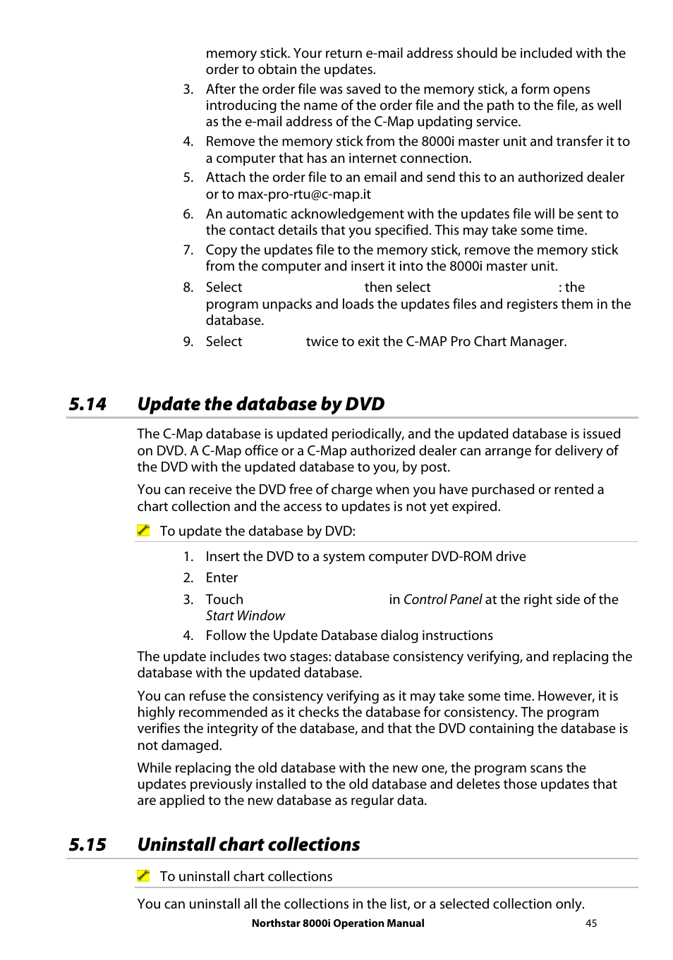 14 update the database by dvd, 15 uninstall chart collections | NorthStar Navigation NorthStar 8000i User Manual | Page 45 / 220