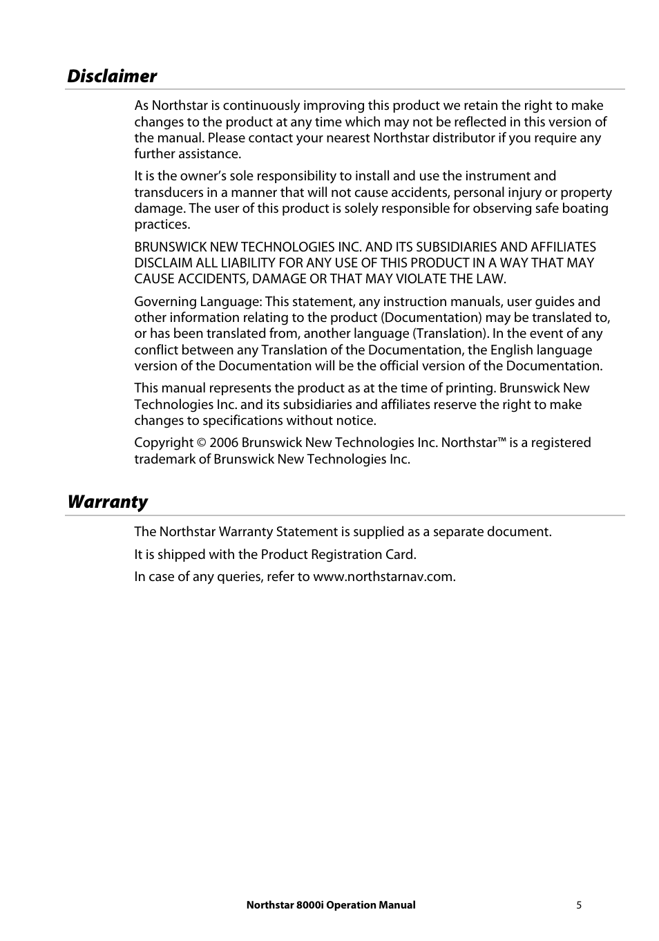 Disclaimer, Warranty | NorthStar Navigation NorthStar 8000i User Manual | Page 5 / 220