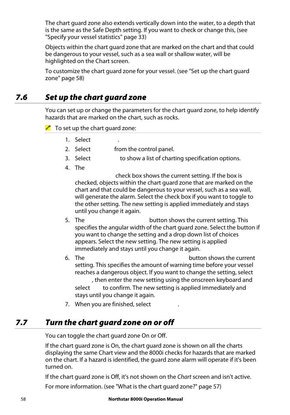 6 set up the chart guard zone, 7 turn the chart guard zone on or off | NorthStar Navigation NorthStar 8000i User Manual | Page 58 / 220