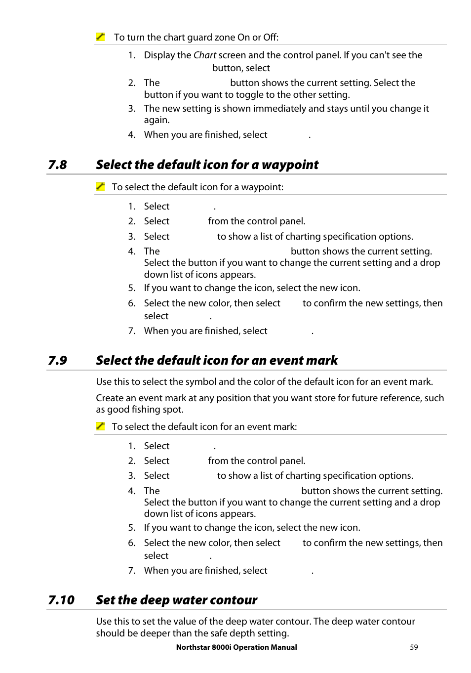 8 select the default icon for a waypoint, 9 select the default icon for an event mark, 10 set the deep water contour | NorthStar Navigation NorthStar 8000i User Manual | Page 59 / 220