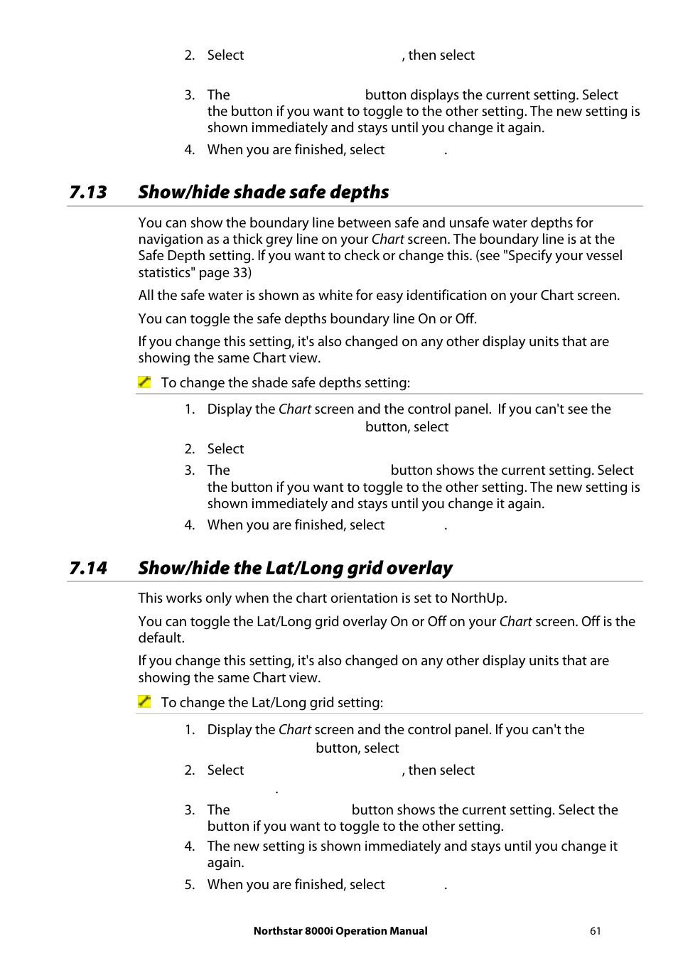 13 show/hide shade safe depths, 14 show/hide the lat/long grid overlay | NorthStar Navigation NorthStar 8000i User Manual | Page 61 / 220