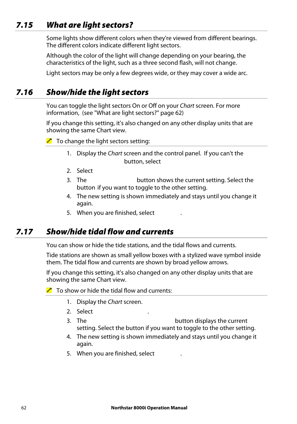 15 what are light sectors, 16 show/hide the light sectors, 17 show/hide tidal flow and currents | NorthStar Navigation NorthStar 8000i User Manual | Page 62 / 220