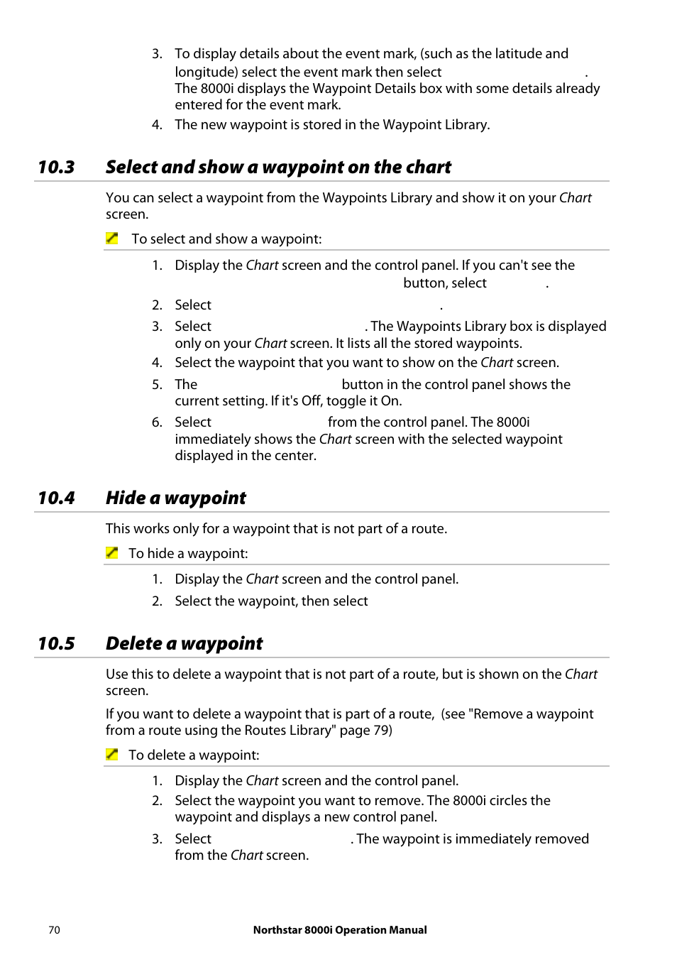 3 select and show a waypoint on the chart, 4 hide a waypoint, 5 delete a waypoint | NorthStar Navigation NorthStar 8000i User Manual | Page 70 / 220