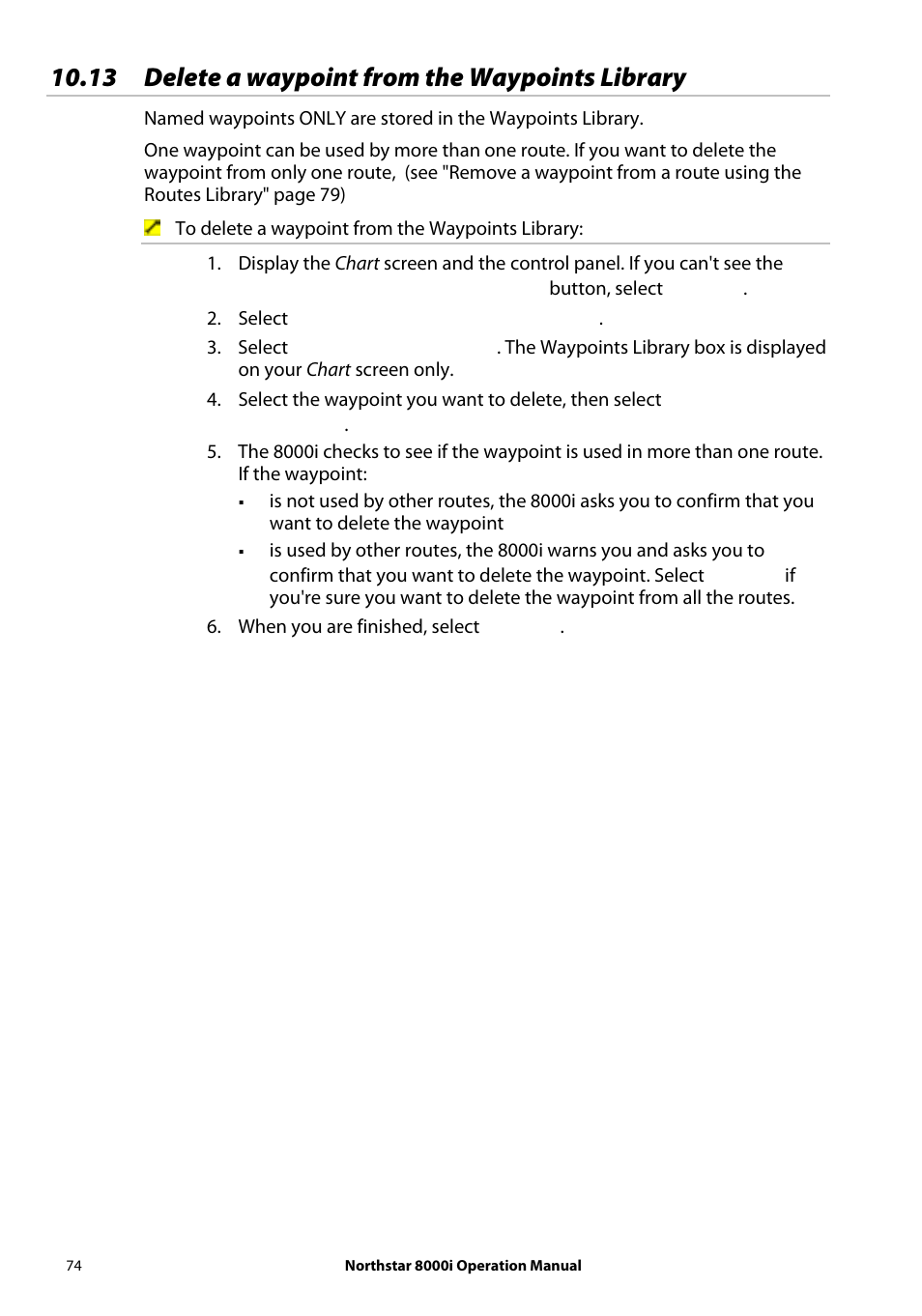 13 delete a waypoint from the waypoints library | NorthStar Navigation NorthStar 8000i User Manual | Page 74 / 220