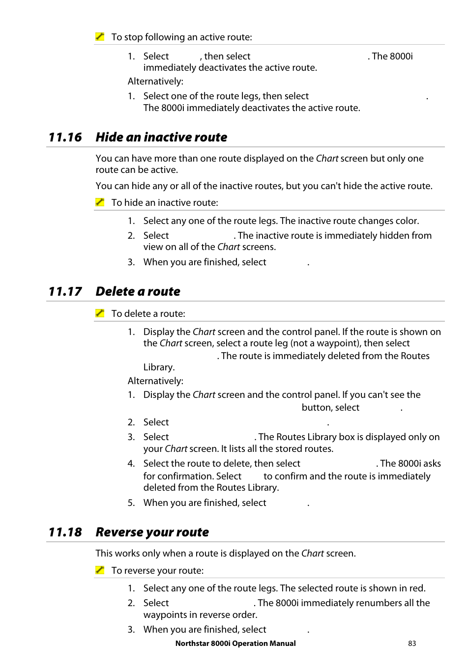 16 hide an inactive route, 17 delete a route, 18 reverse your route | NorthStar Navigation NorthStar 8000i User Manual | Page 83 / 220