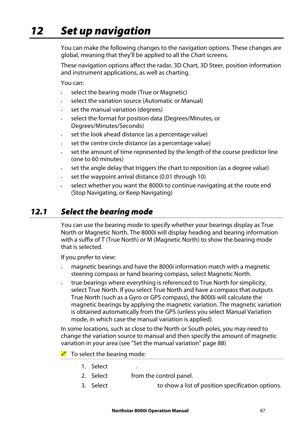 12 set up navigation, 1 select the bearing mode | NorthStar Navigation NorthStar 8000i User Manual | Page 87 / 220