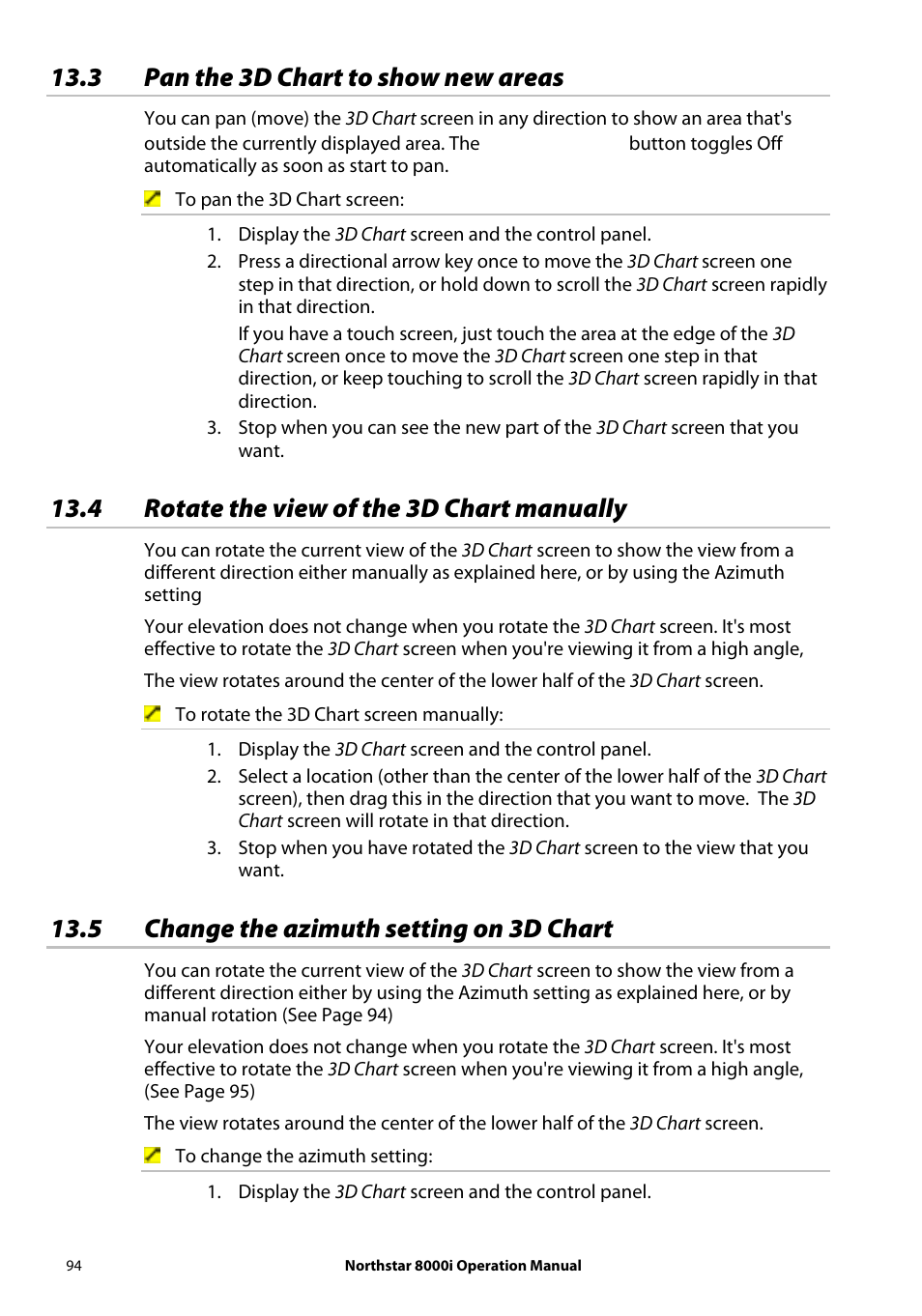 3 pan the 3d chart to show new areas, 4 rotate the view of the 3d chart manually, 5 change the azimuth setting on 3d chart | NorthStar Navigation NorthStar 8000i User Manual | Page 94 / 220