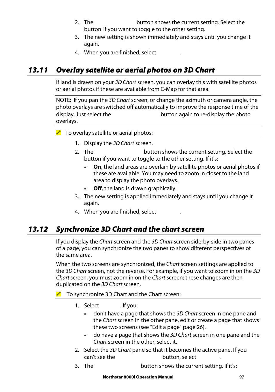 11 overlay satellite or aerial photos on 3d chart, 12 synchronize 3d chart and the chart screen | NorthStar Navigation NorthStar 8000i User Manual | Page 97 / 220