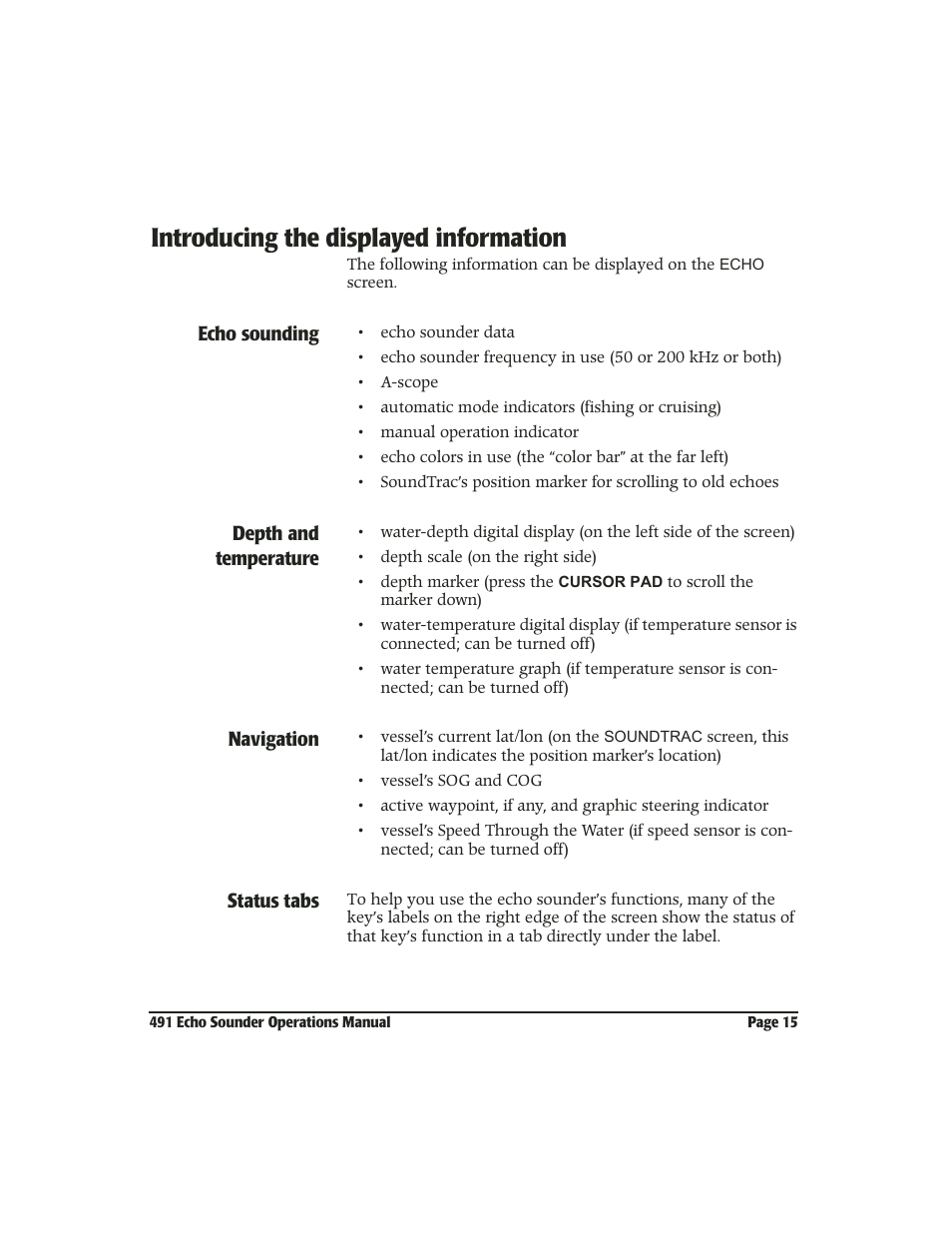 Introducing the displayed information, Introducing the displayed information -15, Echo sounding | Depth and temperature, Navigation, Status tabs | NorthStar Navigation Echo Sounder NorthStar 491 User Manual | Page 19 / 76