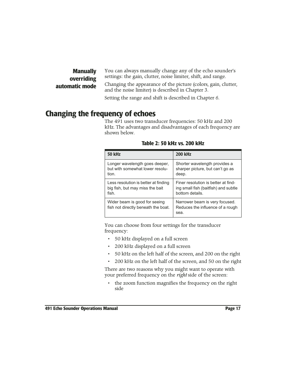 Changing the frequency of echoes, Changing the frequency of echoes -17, Manually overriding automatic mode | NorthStar Navigation Echo Sounder NorthStar 491 User Manual | Page 21 / 76