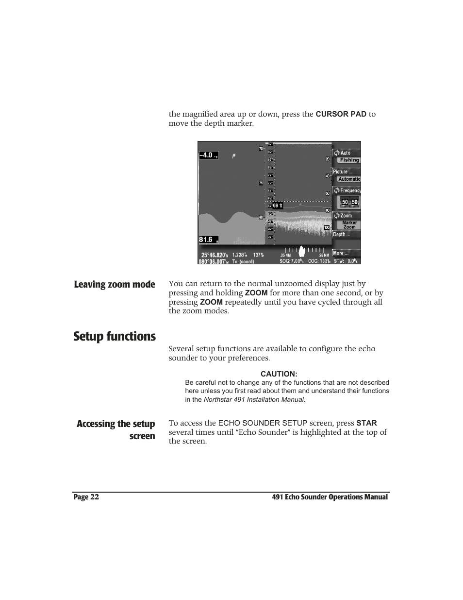 Setup functions, Setup functions -22 | NorthStar Navigation Echo Sounder NorthStar 491 User Manual | Page 26 / 76