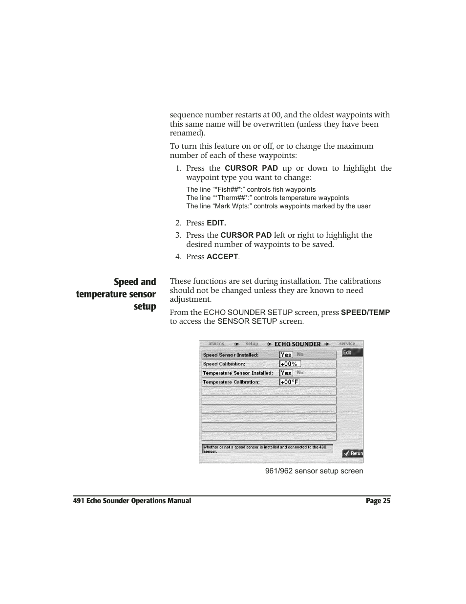 Speed and temperature sensor setup | NorthStar Navigation Echo Sounder NorthStar 491 User Manual | Page 29 / 76