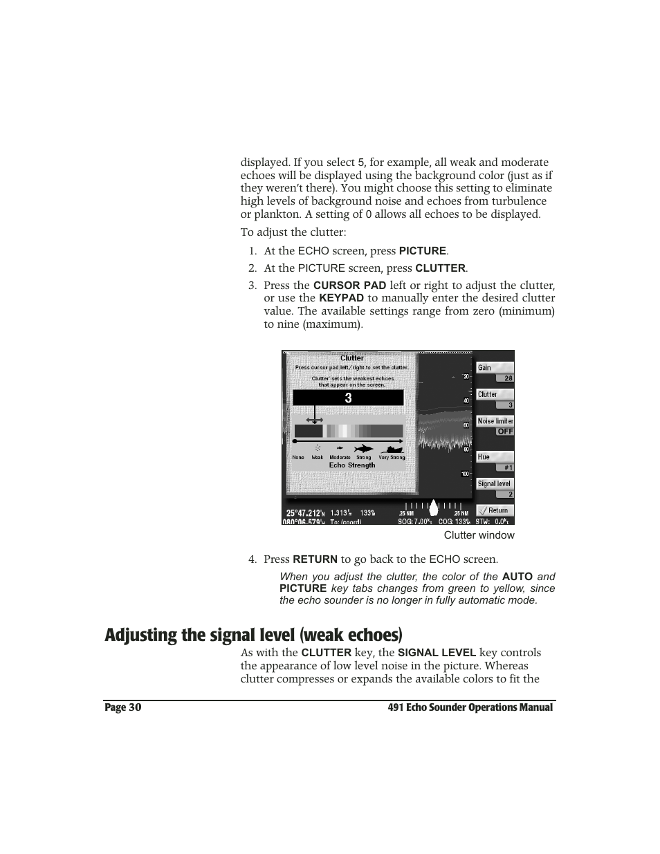 Adjusting the signal level (weak echoes), Adjusting the signal level (weak echoes) -30 | NorthStar Navigation Echo Sounder NorthStar 491 User Manual | Page 34 / 76