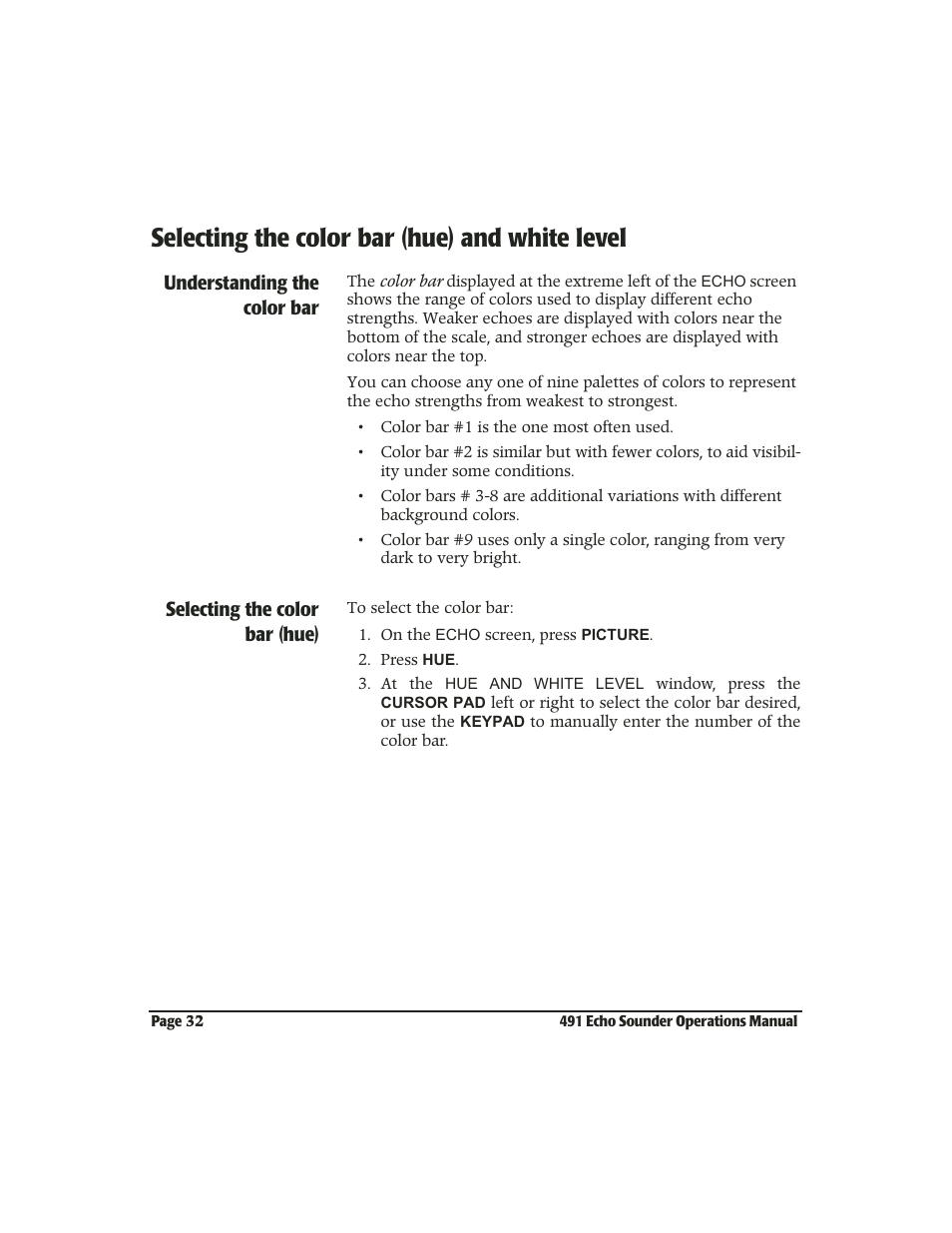 Selecting the color bar (hue) and white level, Selecting the color bar (hue) and white level 3-32, Understanding the color bar | Selecting the color bar (hue) | NorthStar Navigation Echo Sounder NorthStar 491 User Manual | Page 36 / 76