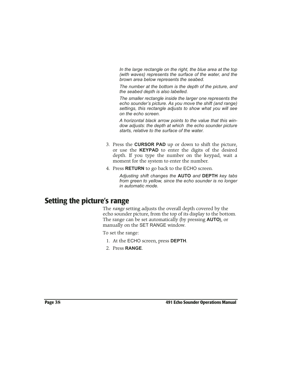 Setting the picture’s range, Setting the picture’s range -38 | NorthStar Navigation Echo Sounder NorthStar 491 User Manual | Page 42 / 76