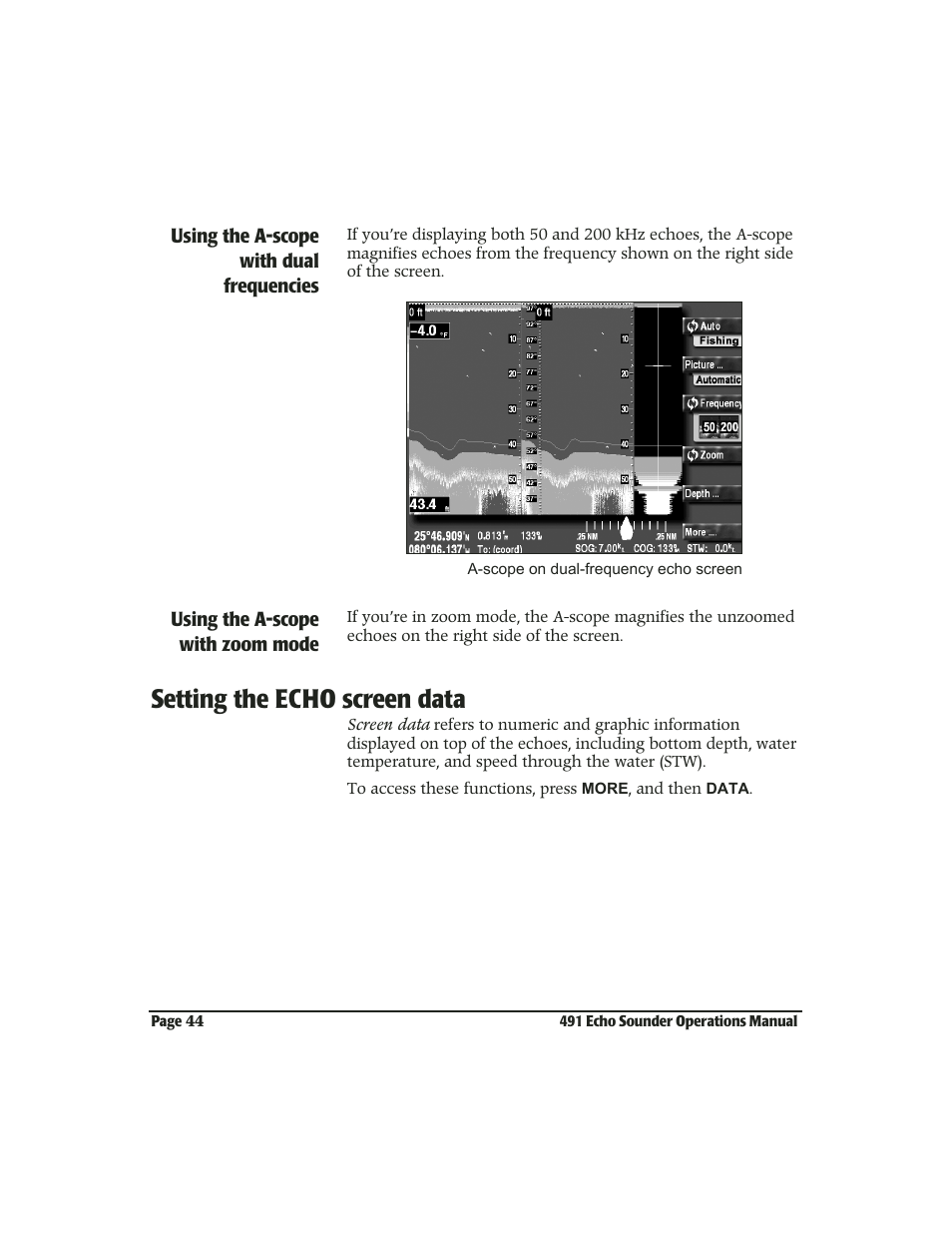 Setting the echo screen data, Setting the echo screen data -44 | NorthStar Navigation Echo Sounder NorthStar 491 User Manual | Page 48 / 76