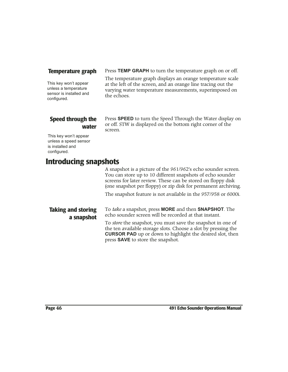 Introducing snapshots, Introducing snapshots -46 | NorthStar Navigation Echo Sounder NorthStar 491 User Manual | Page 50 / 76