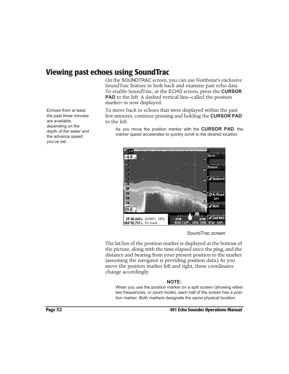 Viewing past echoes using soundtrac | NorthStar Navigation Echo Sounder NorthStar 491 User Manual | Page 56 / 76