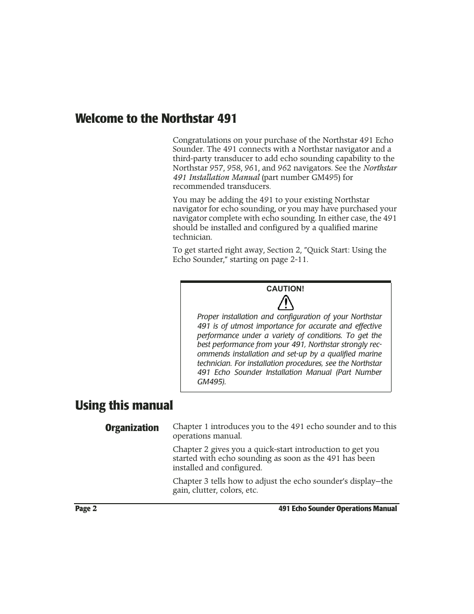 Welcome to the northstar 491, Using this manual, Welcome to the northstar 491 -2 | Using this manual -2 | NorthStar Navigation Echo Sounder NorthStar 491 User Manual | Page 6 / 76
