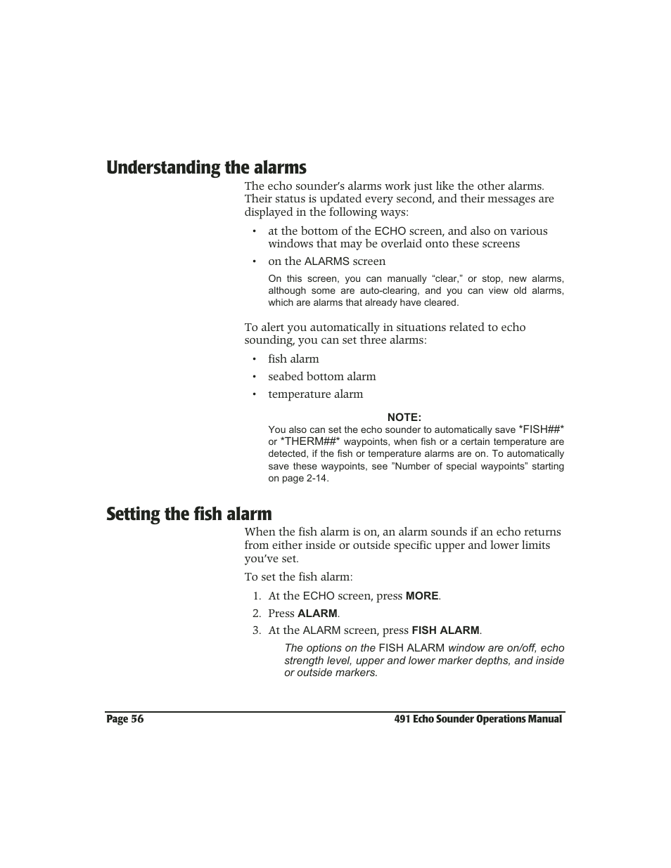 Understanding the alarms, Setting the fish alarm, Understanding the alarms -56 | Setting the fish alarm -56 | NorthStar Navigation Echo Sounder NorthStar 491 User Manual | Page 60 / 76