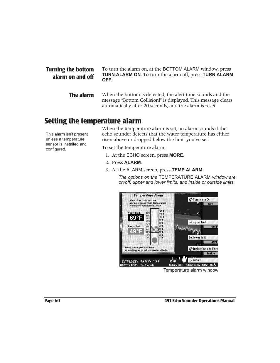 Setting the temperature alarm, Setting the temperature alarm -60 | NorthStar Navigation Echo Sounder NorthStar 491 User Manual | Page 64 / 76