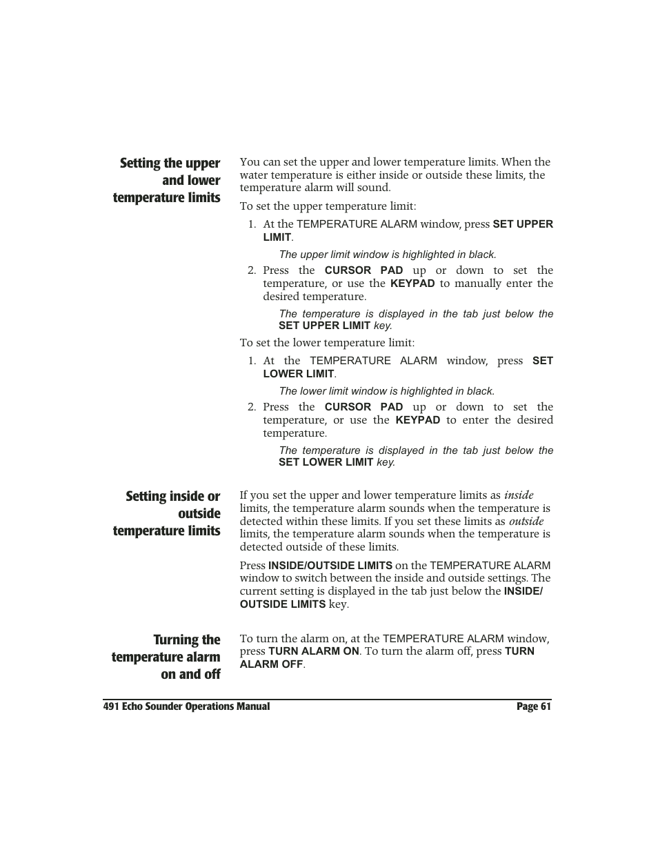 Setting the upper and lower temperature limits, Setting inside or outside temperature limits, Turning the temperature alarm on and off | NorthStar Navigation Echo Sounder NorthStar 491 User Manual | Page 65 / 76