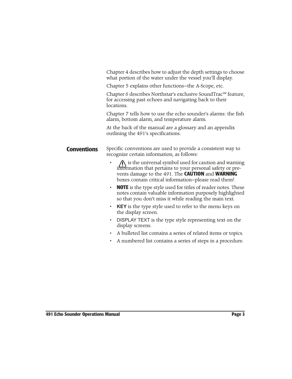 Conventions | NorthStar Navigation Echo Sounder NorthStar 491 User Manual | Page 7 / 76