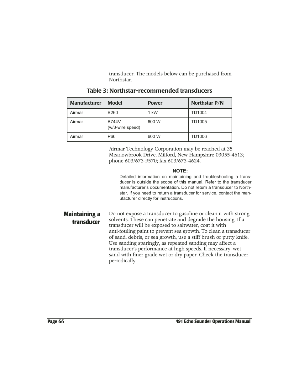 Maintaining a transducer | NorthStar Navigation Echo Sounder NorthStar 491 User Manual | Page 70 / 76