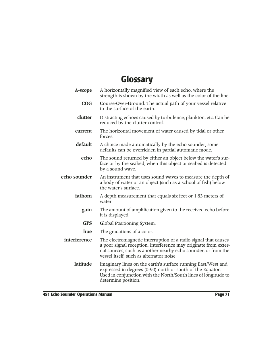 Glossary, Gglossary | NorthStar Navigation Echo Sounder NorthStar 491 User Manual | Page 75 / 76