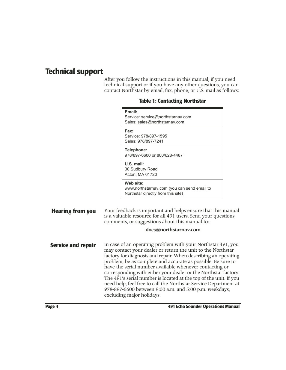 Technical support, Technical support -4, Hearing from you | Service and repair | NorthStar Navigation Echo Sounder NorthStar 491 User Manual | Page 8 / 76