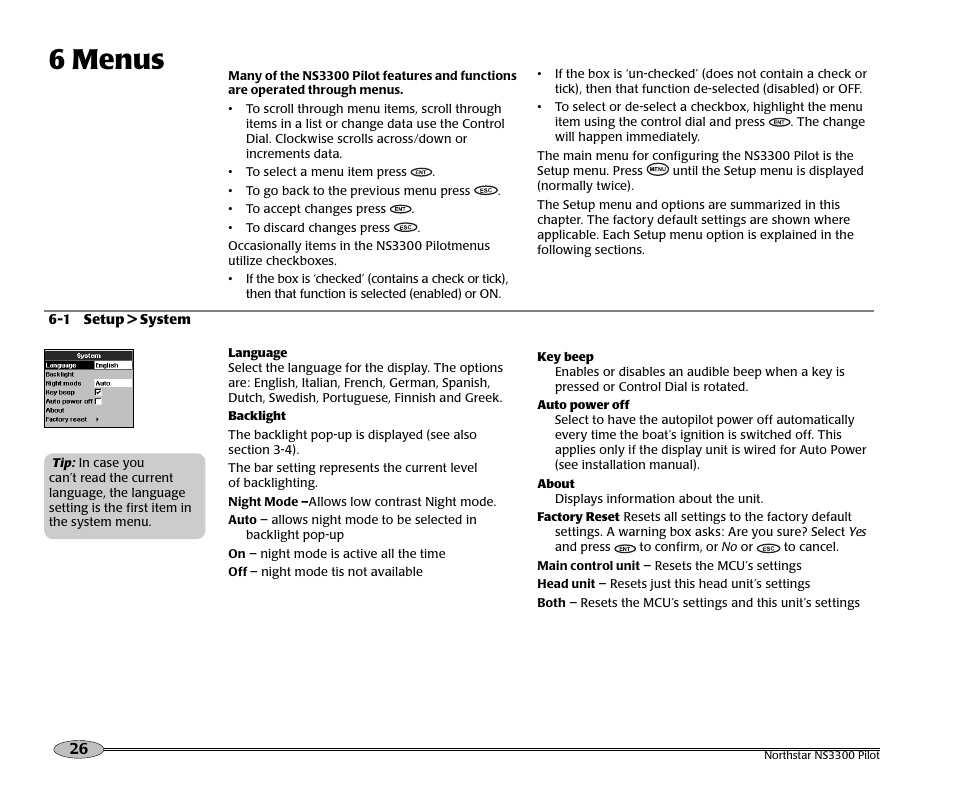 6 menus | NorthStar Navigation Pilot System NS3300 User Manual | Page 26 / 45