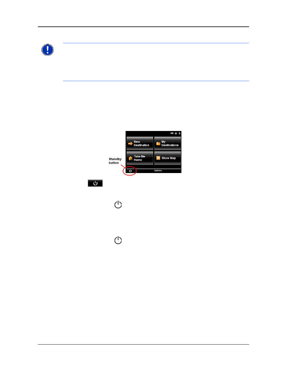 Using standby mode, From the main window, From any device window | Switching the device back on from standby | Navigon 2000S User Manual | Page 40 / 124